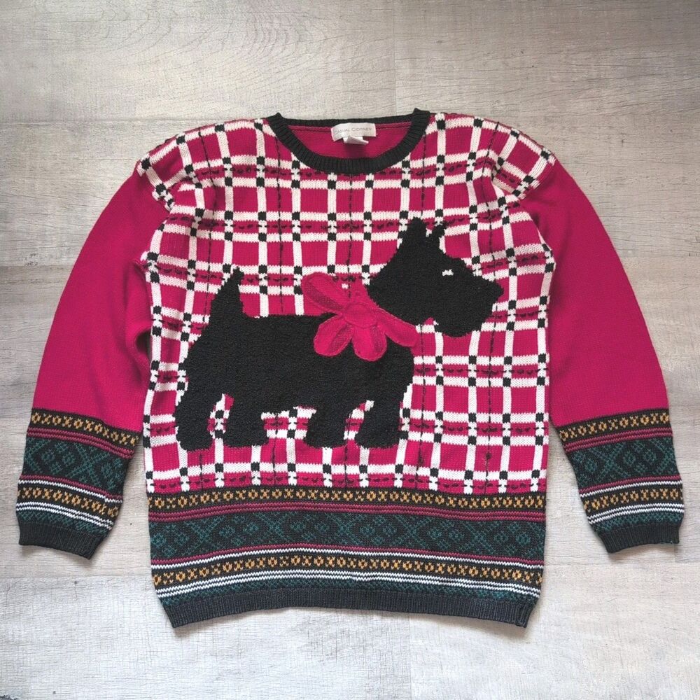 Vintage Casual Cotton Red & Black Dog Sweater Women's Size Medium M